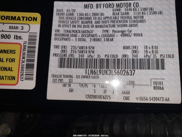 Продажа на аукционе авто 2020 Lincoln Continental Livery, vin: 1LN6L9UK3L5602637, номер лота: 45661751