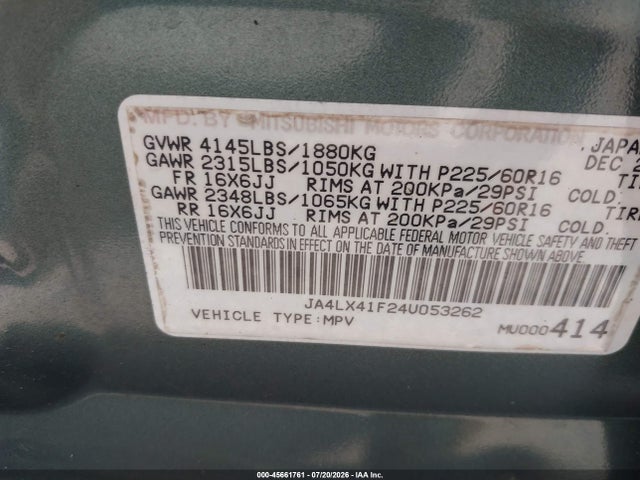 Aukcja sprzedaży 2004 Mitsubishi Outlander Xls, vin: JA4LX41F24U053262, numer aukcji: 45661761