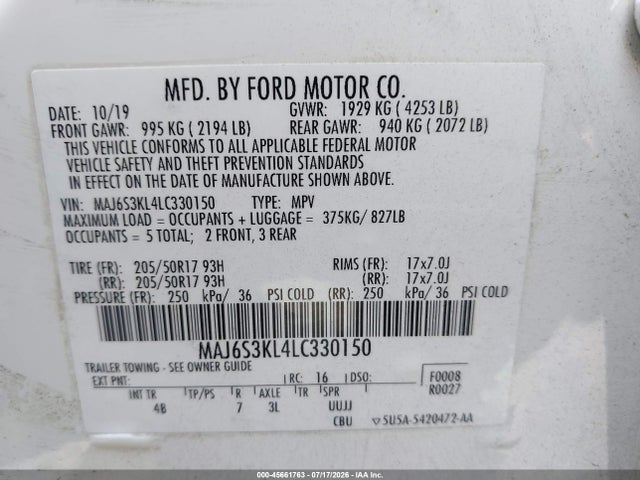 45661763 :رقم المزاد ، MAJ6S3KL4LC330150 vin ، 2020 Ford Ecosport Titanium مزاد بيع