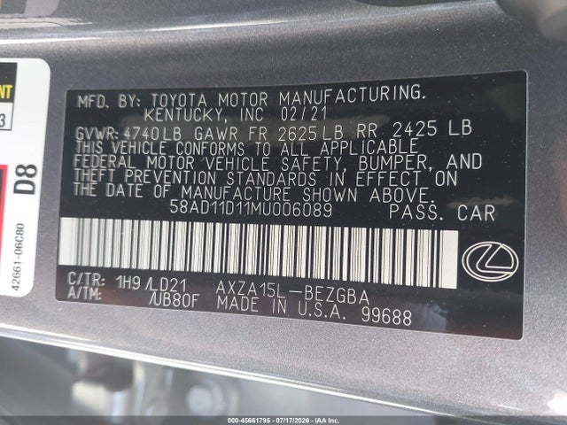 45661795 :رقم المزاد ، 58AD11D11MU006089 vin ، 2021 Lexus Es 250 مزاد بيع