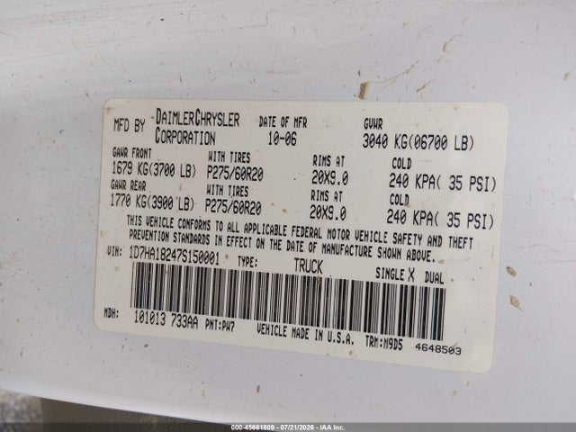 45661809 :رقم المزاد ، 1D7HA18247S150001 vin ، 2007 Dodge Ram 1500 Slt مزاد بيع