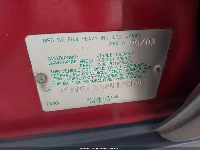 Продаж на аукціоні авто 2004 Subaru Forester 2.5x, vin: JF1SG63604H729104, номер лоту: 45661810