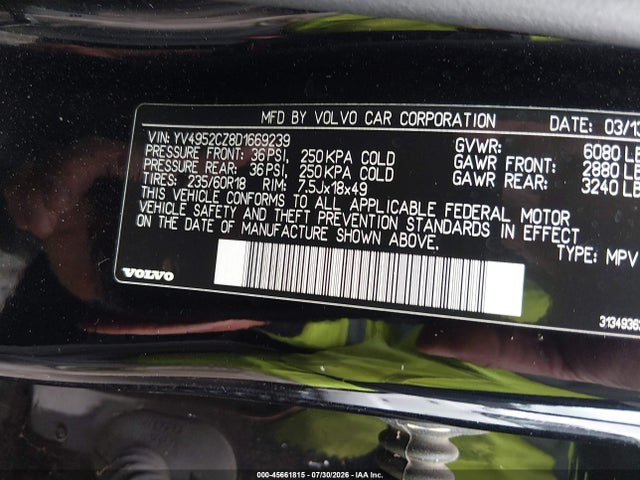 45661815 :رقم المزاد ، YV4952CZ8D1669239 vin ، 2013 Volvo Xc90 3.2 Premier Plus مزاد بيع