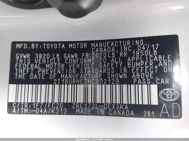 2T1BURHE7HC902129 Toyota COROLLA SE