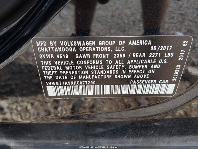 2017 Volkswagen Passat 1.8t Se მანქანა იყიდება აუქციონზე, vin: 1VWBT7A3XHC077290, აუქციონის ნომერი: 45661821