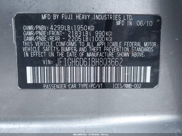 45661833 :رقم المزاد ، JF1GH6D61BH803662 vin ، 2011 Subaru Impreza Outback Sport مزاد بيع