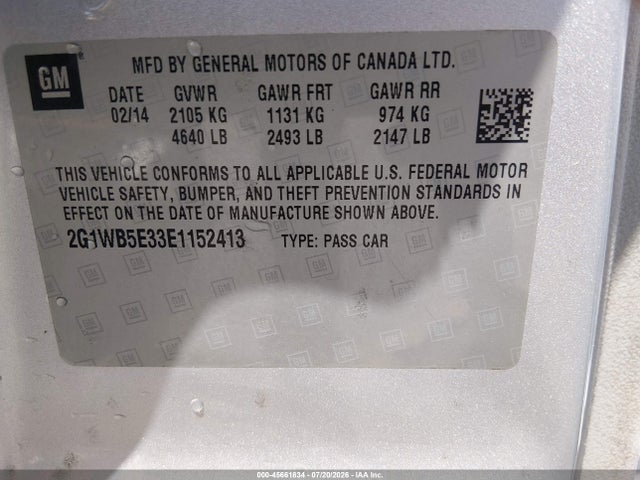 45661834 :رقم المزاد ، 2G1WB5E33E1152413 vin ، 2014 Chevrolet Impala Limited Lt مزاد بيع