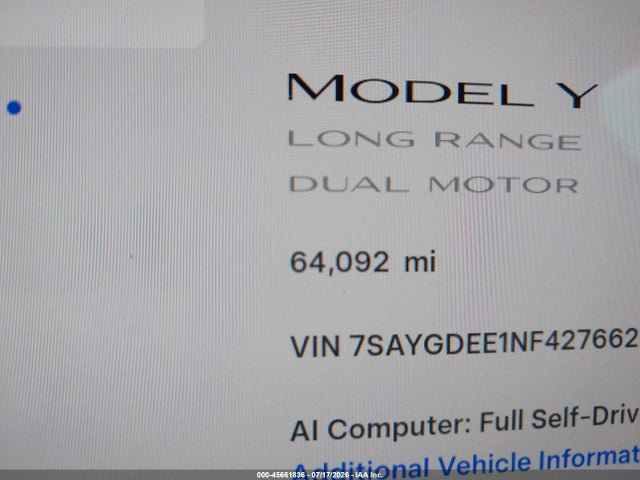 Auction sale of the 2022 Tesla Model Y Long Range Dual Motor All-wheel Drive, vin: 7SAYGDEE1NF427662, lot number: 45661836