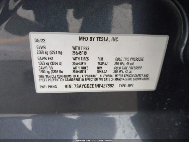 Auction sale of the 2022 Tesla Model Y Long Range Dual Motor All-wheel Drive, vin: 7SAYGDEE1NF427662, lot number: 45661836