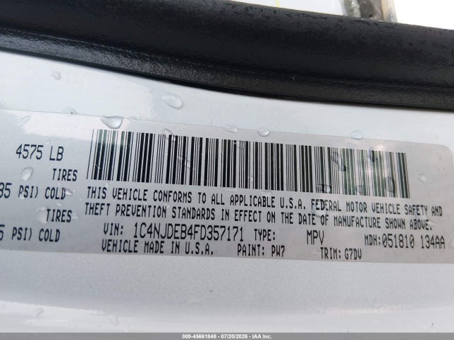 45661848 :رقم المزاد ، 1C4NJDEB4FD357171 vin ، 2015 Jeep Compass Latitude مزاد بيع
