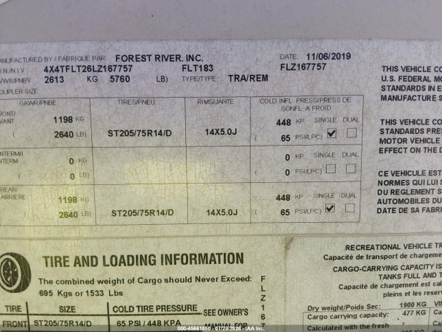 Aukcja sprzedaży 2020 Forest River Travel Trlr, vin: 4X4TFLT26LZ167757, numer aukcji: 45661850