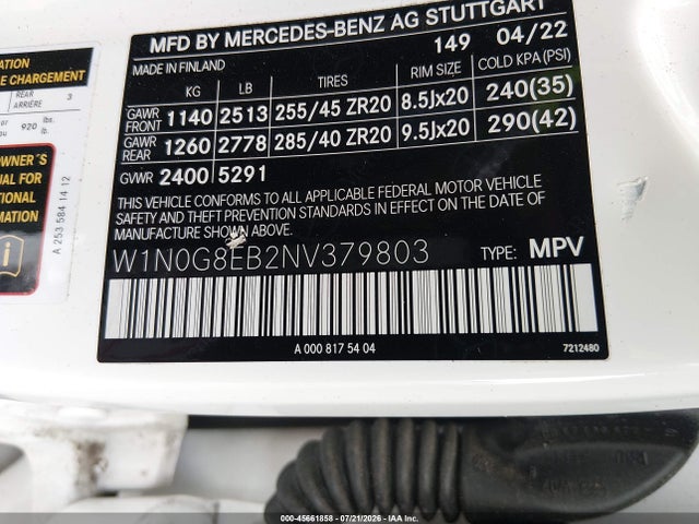 2022 Mercedes-benz Glc 300 4matic Suv მანქანა იყიდება აუქციონზე, vin: W1N0G8EB2NV379803, აუქციონის ნომერი: 45661858