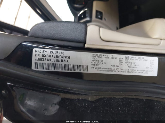 Aukcja sprzedaży 2021 Jeep Grand Cherokee Laredo E 4x4, vin: 1C4RJFAG2MC699459, numer aukcji: 45661870