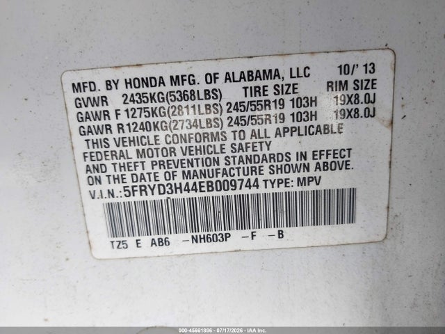 45661886 :رقم المزاد ، 5FRYD3H44EB009744 vin ، 2014 Acura Mdx Technology Package مزاد بيع
