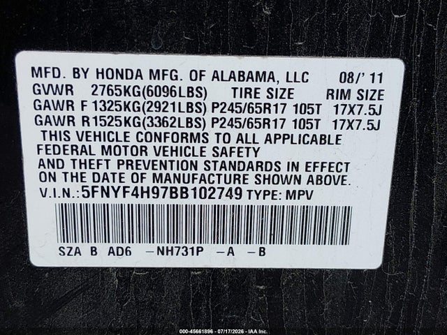Aukcja sprzedaży 2011 Honda Pilot Touring, vin: 5FNYF4H97BB102749, numer aukcji: 45661896