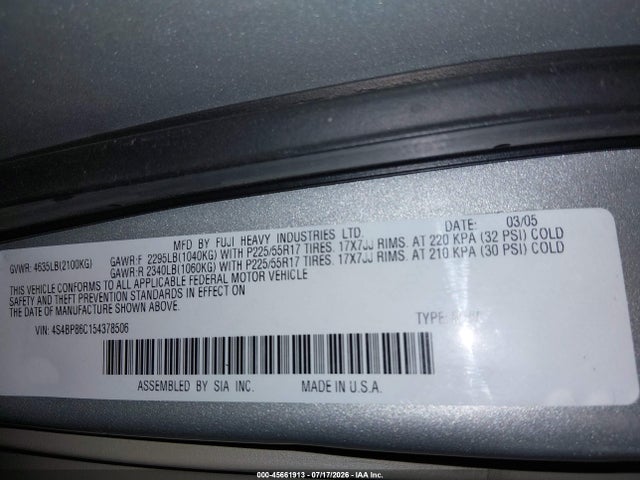 Продаж на аукціоні авто 2005 Subaru Outback 3.0r L.l. Bean Edition, vin: 4S4BP86C154378506, номер лоту: 45661913