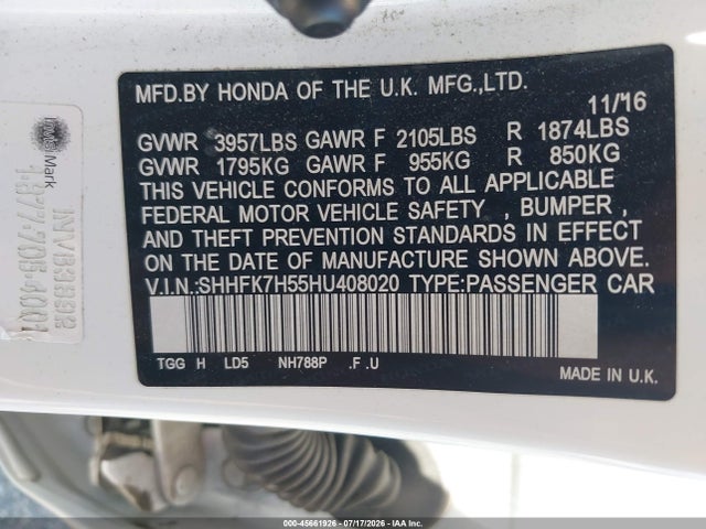45661926 :رقم المزاد ، SHHFK7H55HU408020 vin ، 2017 Honda Civic Ex مزاد بيع
