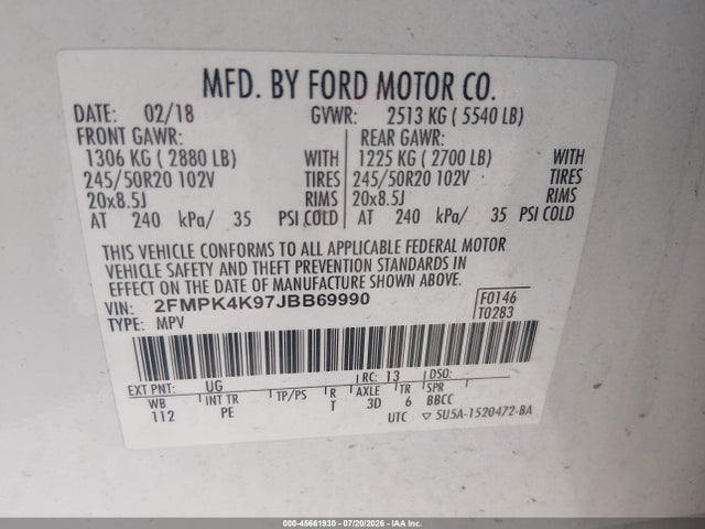 2018 Ford Edge Titanium მანქანა იყიდება აუქციონზე, vin: 2FMPK4K97JBB69990, აუქციონის ნომერი: 45661930