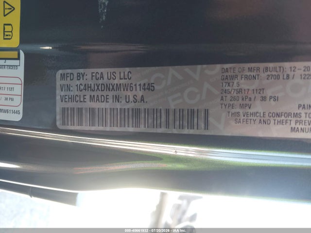 45661932 :رقم المزاد ، 1C4HJXDNXMW611445 vin ، 2021 Jeep Wrangler Unlimited Sport S 4x4 مزاد بيع