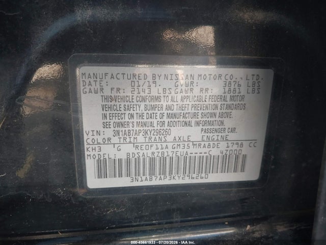 Продаж на аукціоні авто 2019 Nissan Sentra Sr, vin: 3N1AB7AP3KY296260, номер лоту: 45661933