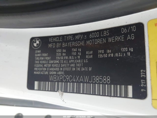 Продаж на аукціоні авто 2010 Bmw X3 Xdrive30i, vin: WBXPC9C4XAWJ38588, номер лоту: 45661938