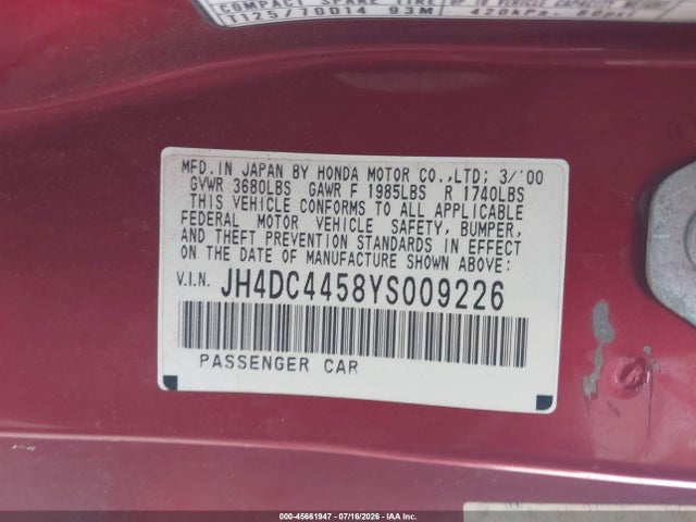 Продаж на аукціоні авто 2000 Acura Integra Ls, vin: JH4DC4458YS009226, номер лоту: 45661947