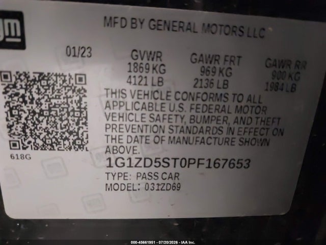 2023 Chevrolet Malibu Fwd 1lt მანქანა იყიდება აუქციონზე, vin: 1G1ZD5ST0PF167653, აუქციონის ნომერი: 45661951