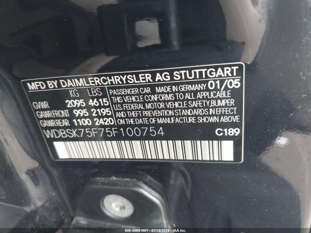 45661961 :رقم المزاد ، WDBSK75F75F100754 vin ، 2005 Mercedes-benz Sl 500 مزاد بيع