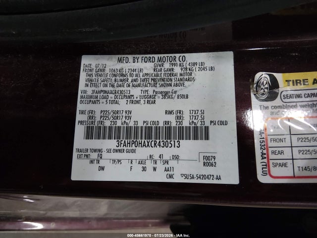 2012 Ford Fusion Se მანქანა იყიდება აუქციონზე, vin: 3FAHP0HAXCR430513, აუქციონის ნომერი: 45661970