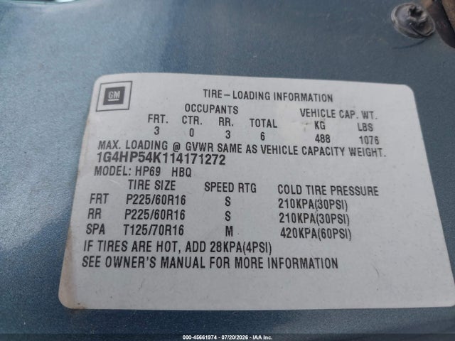 45661974 :رقم المزاد ، 1G4HP54K114171272 vin ، 2001 Buick Lesabre Custom مزاد بيع
