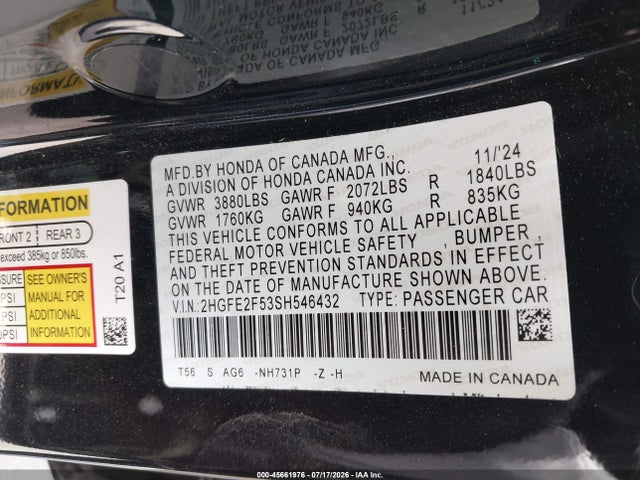 2HGFE2F53SH546432 Honda Civic Sport