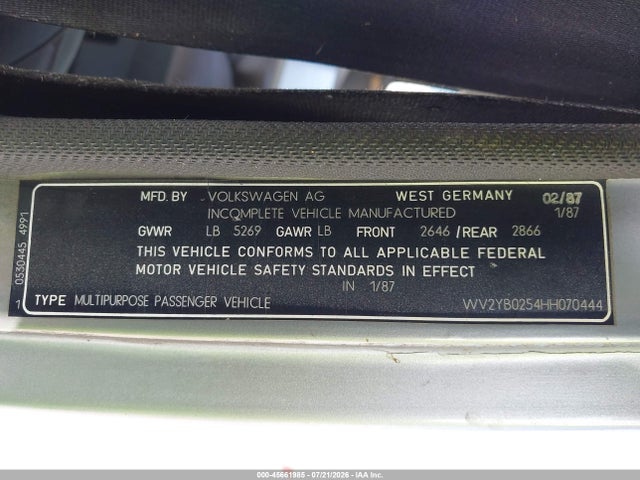 1987 Volkswagen Vanagon Bus მანქანა იყიდება აუქციონზე, vin: WV2YB0254HH070444, აუქციონის ნომერი: 45661985