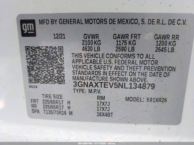 45661994 :رقم المزاد ، 3GNAXTEV5NL134879 vin ، 2022 Chevrolet Equinox Awd 2fl مزاد بيع