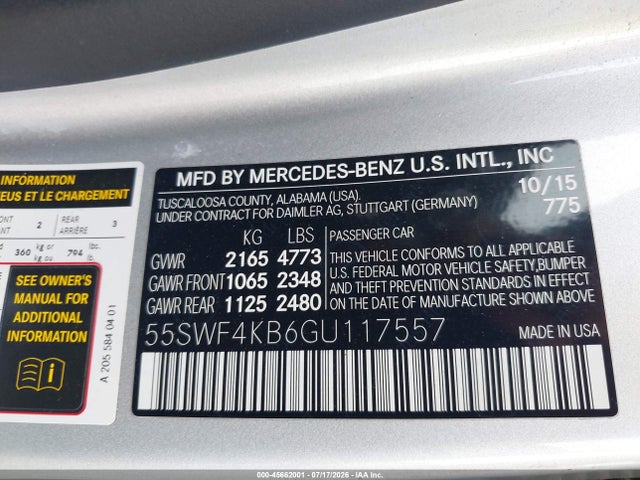 2016 Mercedes-benz C 300 Sport 4matic მანქანა იყიდება აუქციონზე, vin: 55SWF4KB6GU117557, აუქციონის ნომერი: 45662001