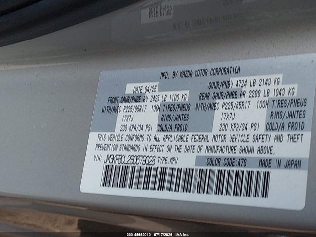 Aukcja sprzedaży 2025 Mazda Cx-5 2.5 S Preferred, vin: JM3KFBCL2S0679028, numer aukcji: 45662010