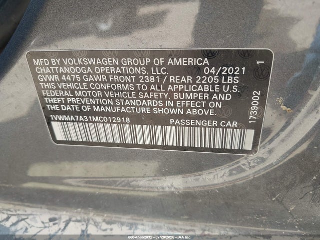 Aukcja sprzedaży 2021 Volkswagen Passat 2.0t R-line, vin: 1VWMA7A31MC012918, numer aukcji: 45662032