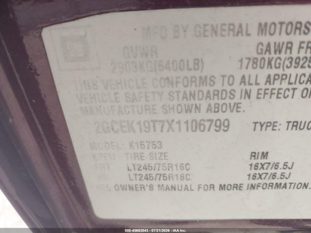 Aukcja sprzedaży 1999 Chevrolet Silverado 1500 Ls, vin: 2GCEK19T7X1106799, numer aukcji: 45662043
