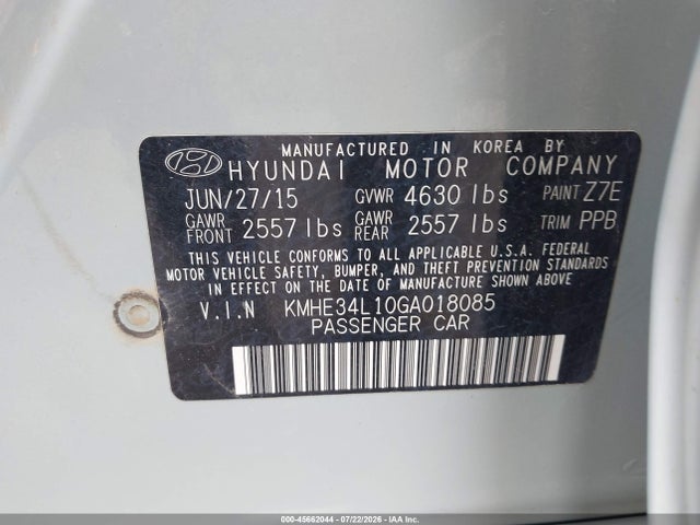 Aukcja sprzedaży 2016 Hyundai Sonata Hybrid Limited, vin: KMHE34L10GA018085, numer aukcji: 45662044
