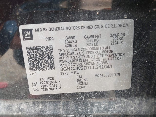 Продажа на аукционе авто 2020 Chevrolet Trax Fwd Ls, vin: 3GNCJKSB7LL341043, номер лота: 45662060