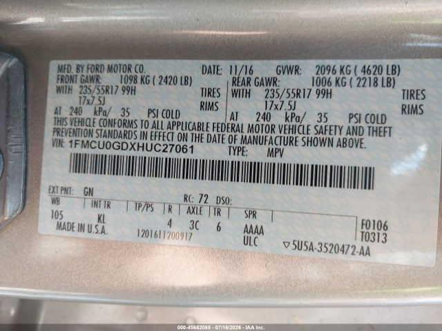 Ford ESCAPE SE 2017 1FMCU0GDXHUC27061 Image 9