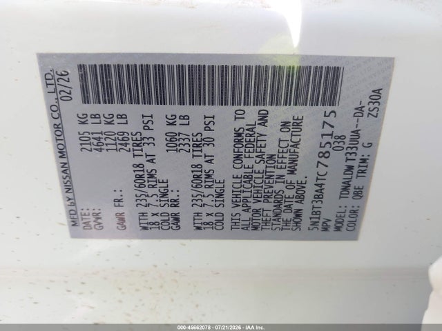 45662078 :رقم المزاد ، 5N1BT3BA4TC785175 vin ، 2026 Nissan Rogue Sv مزاد بيع