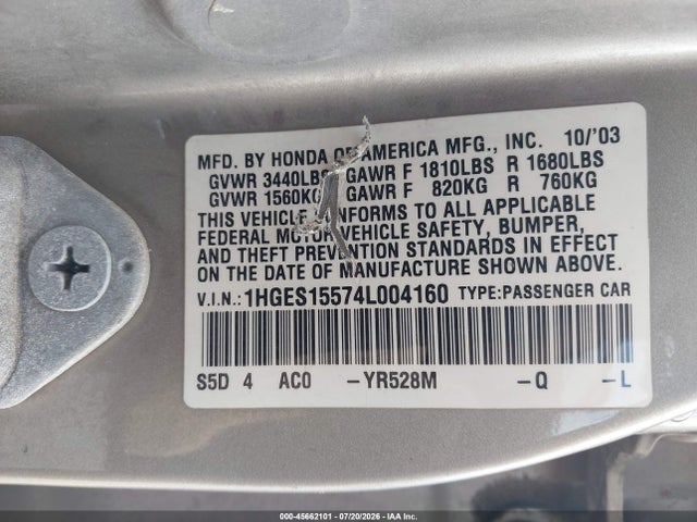 Продаж на аукціоні авто 2004 Honda Civic Lx, vin: 1HGES15574L004160, номер лоту: 45662101