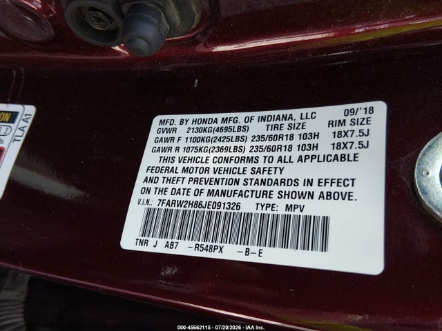 45662115 :رقم المزاد ، 7FARW2H86JE091326 vin ، 2018 Honda Cr-v Ex-l/ex-l Navi مزاد بيع