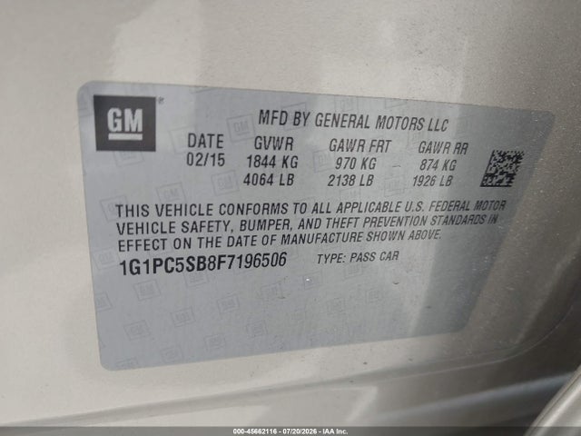 1G1PC5SB8F7196506 Chevrolet Cruze 1lt Auto
