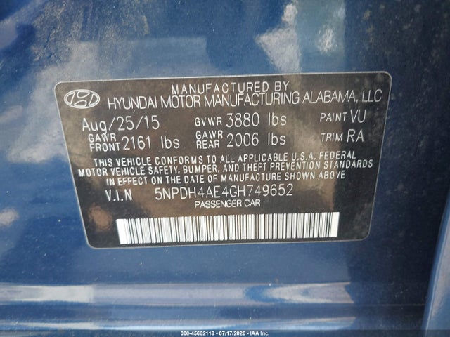 Продажа на аукционе авто 2016 Hyundai Elantra Se, vin: 5NPDH4AE4GH749652, номер лота: 45662119