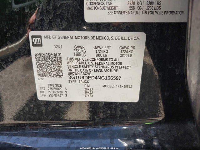 Aukcja sprzedaży 2022 Gmc Sierra 1500 Limited 4wd  Short Box Slt, vin: 3GTU9DED4NG166597, numer aukcji: 45662144