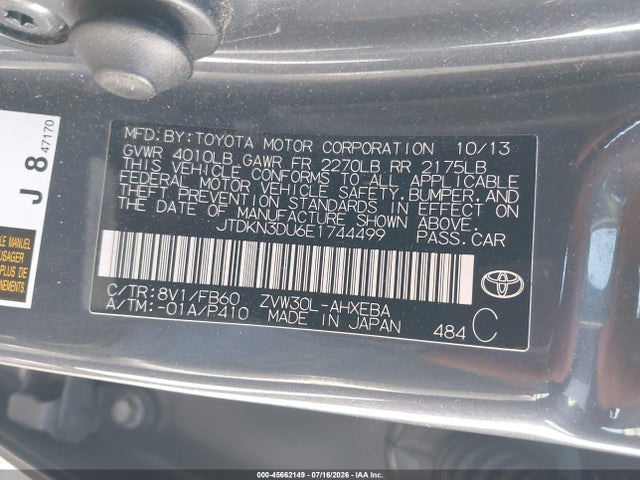 45662149 :رقم المزاد ، JTDKN3DU6E1744499 vin ، 2014 Toyota Prius Two مزاد بيع