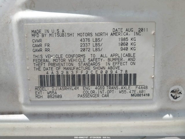 Продажа на аукционе авто 2012 Mitsubishi Galant Es/se, vin: 4A32B3FF2CE009478, номер лота: 45662157