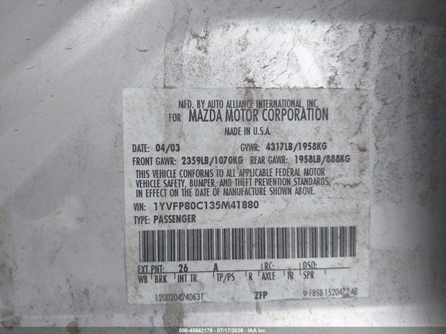 Продажа на аукционе авто 2003 Mazda Mazda6 I, vin: 1YVFP80C135M41880, номер лота: 45662179