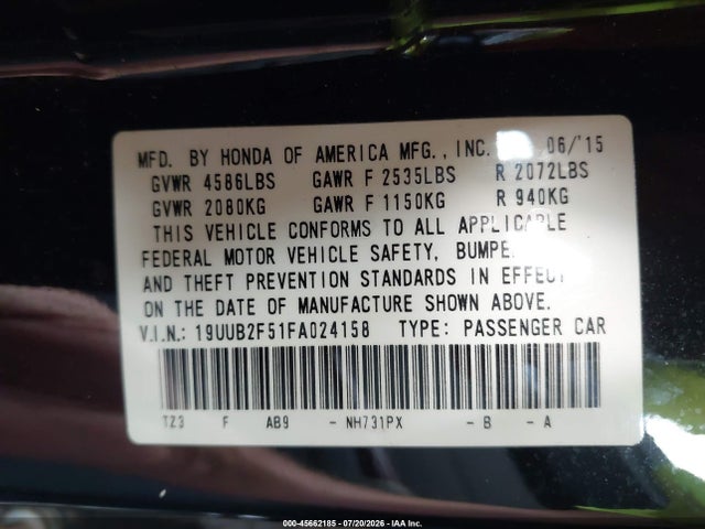 45662185 :رقم المزاد ، 19UUB2F51FA024158 vin ، 2015 Acura Tlx V6 Tech مزاد بيع